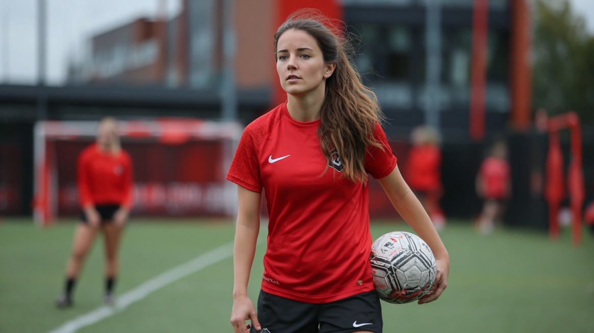 Fußballspielerin im roten Trikot hält einen Ball auf dem Trainingsplatz