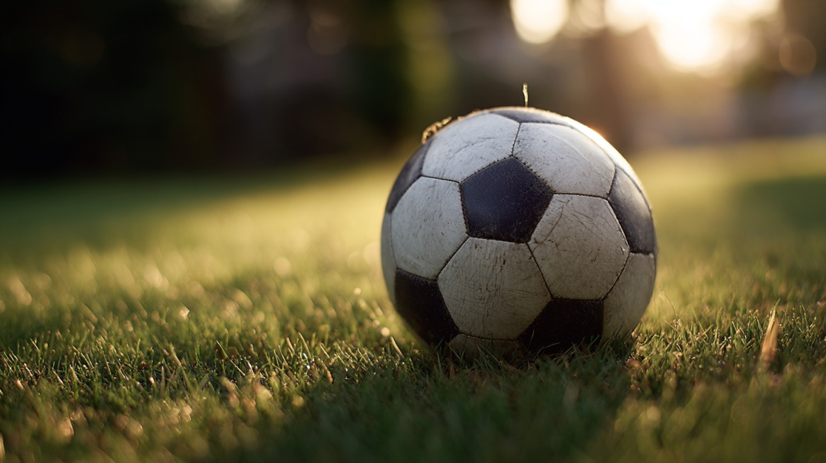 Fußball liegt im Abendlicht auf einer Rasenfläche